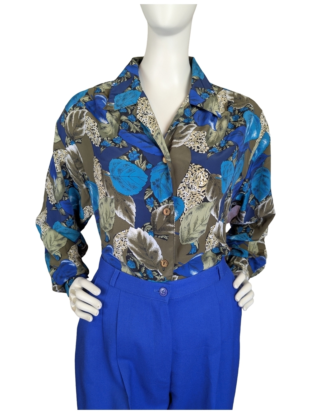 Vintage HER Blue Leaf Print Statement Blouse Oversized Long Sleeve Top | M/L
